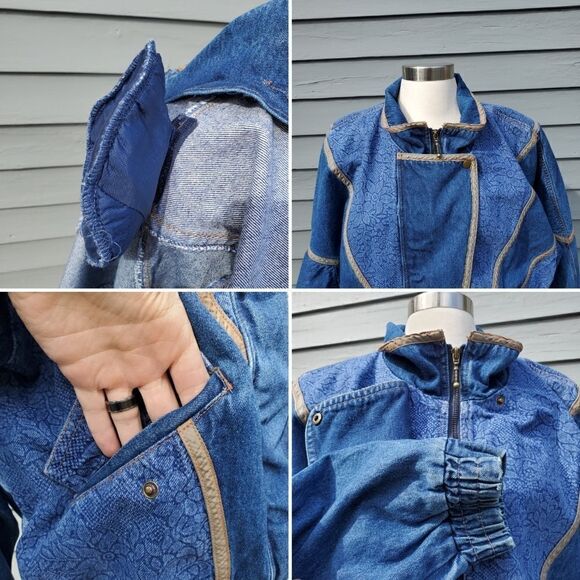 Vintage 90s y2k Blue Denim Jean Floral Bomber Jacket Coat Unisex Large - Picture 3 of 6